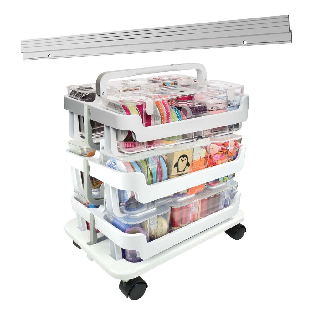 Stackable Caddy Organizer with S, M and L Containers, Plastic, 10.5 x 14 x  6.5, White Caddy/Clear Containers